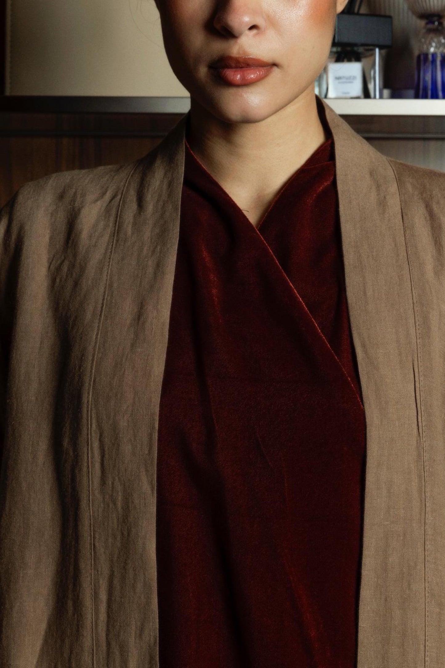 Linen Bisht With Velvet Wrap in Brick