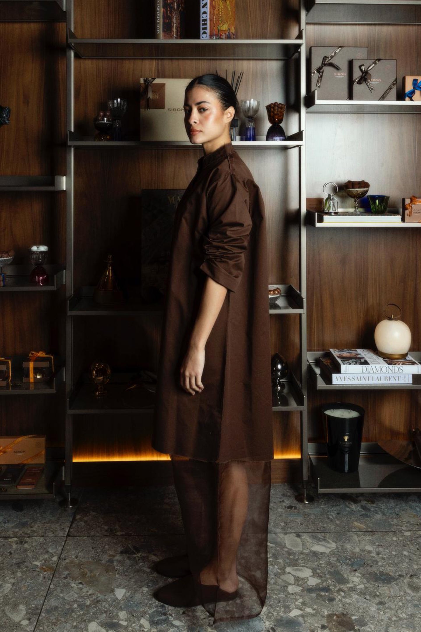 Ripped Kaftan With Organza in Brown