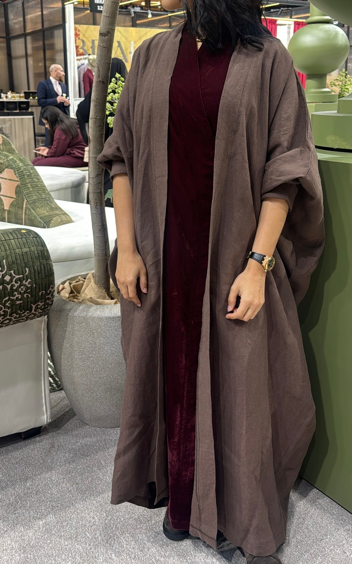 Linen Bisht With Velvet Wrap in Maroon