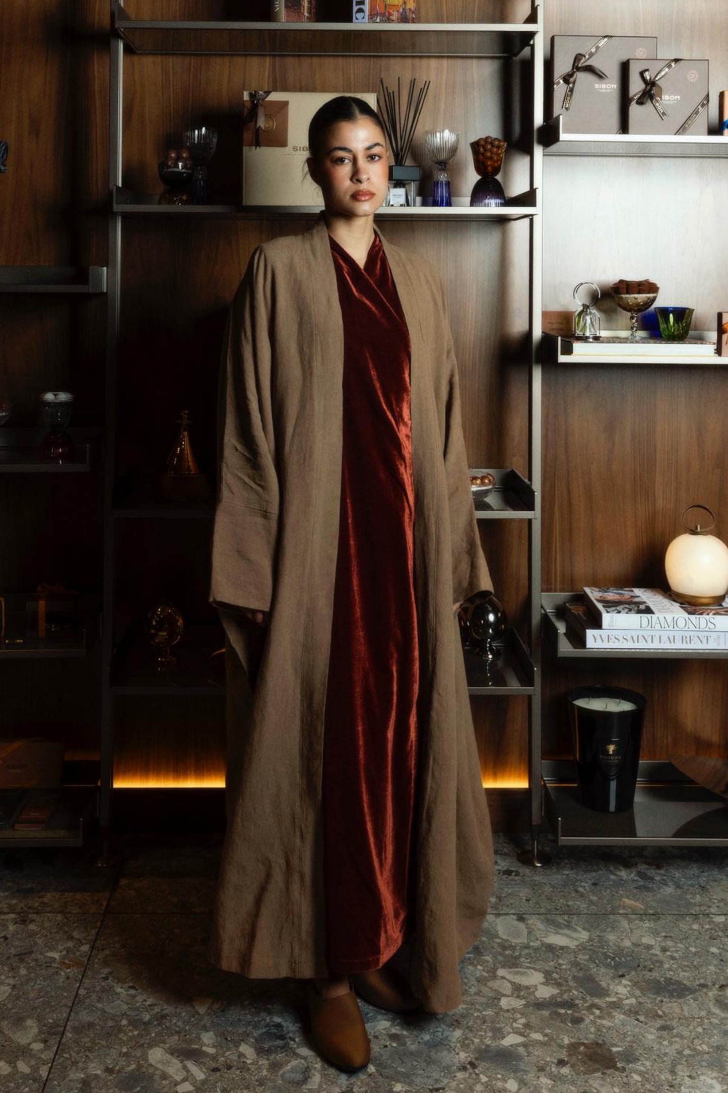 Linen Bisht With Velvet Wrap in Brick