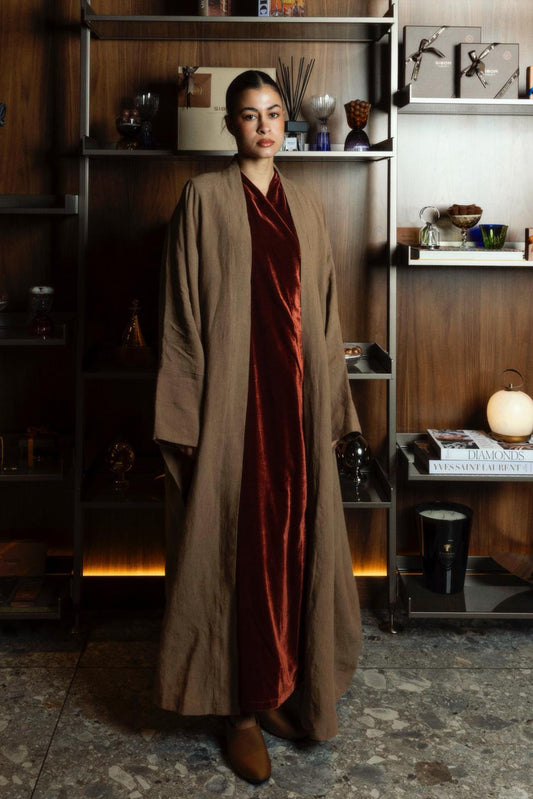 Linen Bisht With Velvet Wrap in Brick