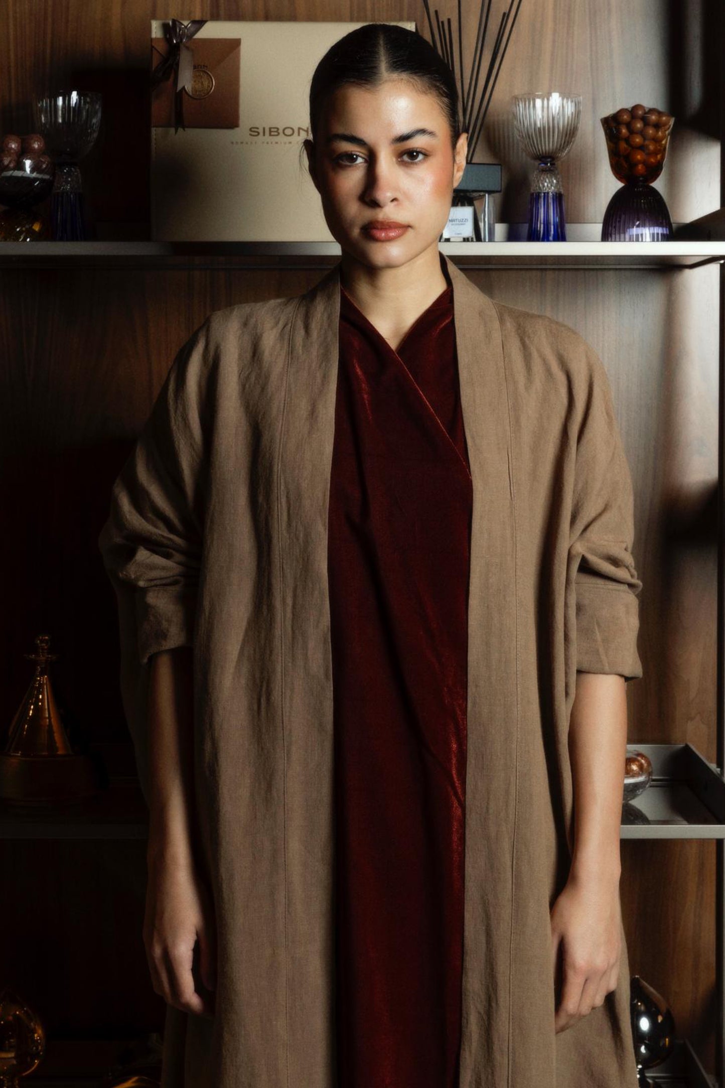 Linen Bisht With Velvet Wrap in Brick