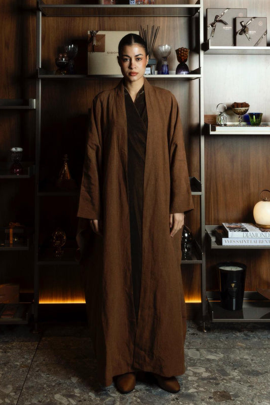 Linen Bisht With Velvet Wrap in Olive