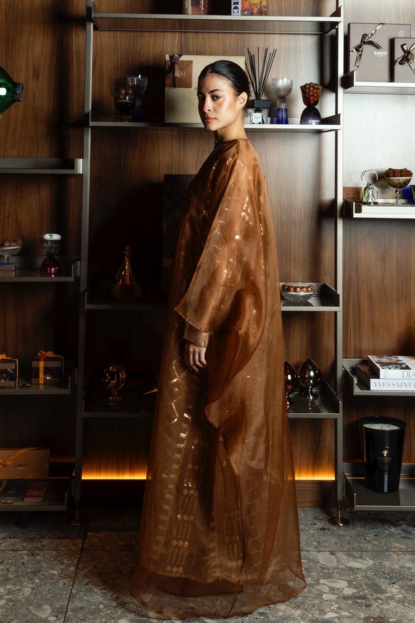 Layered Sequined Kaftan With Organza