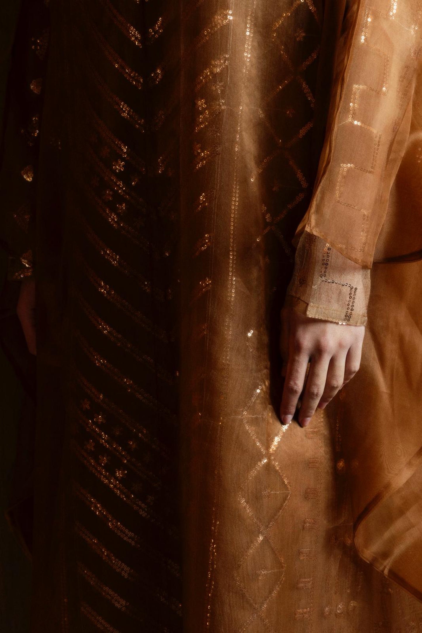 Layered Sequined Kaftan With Organza