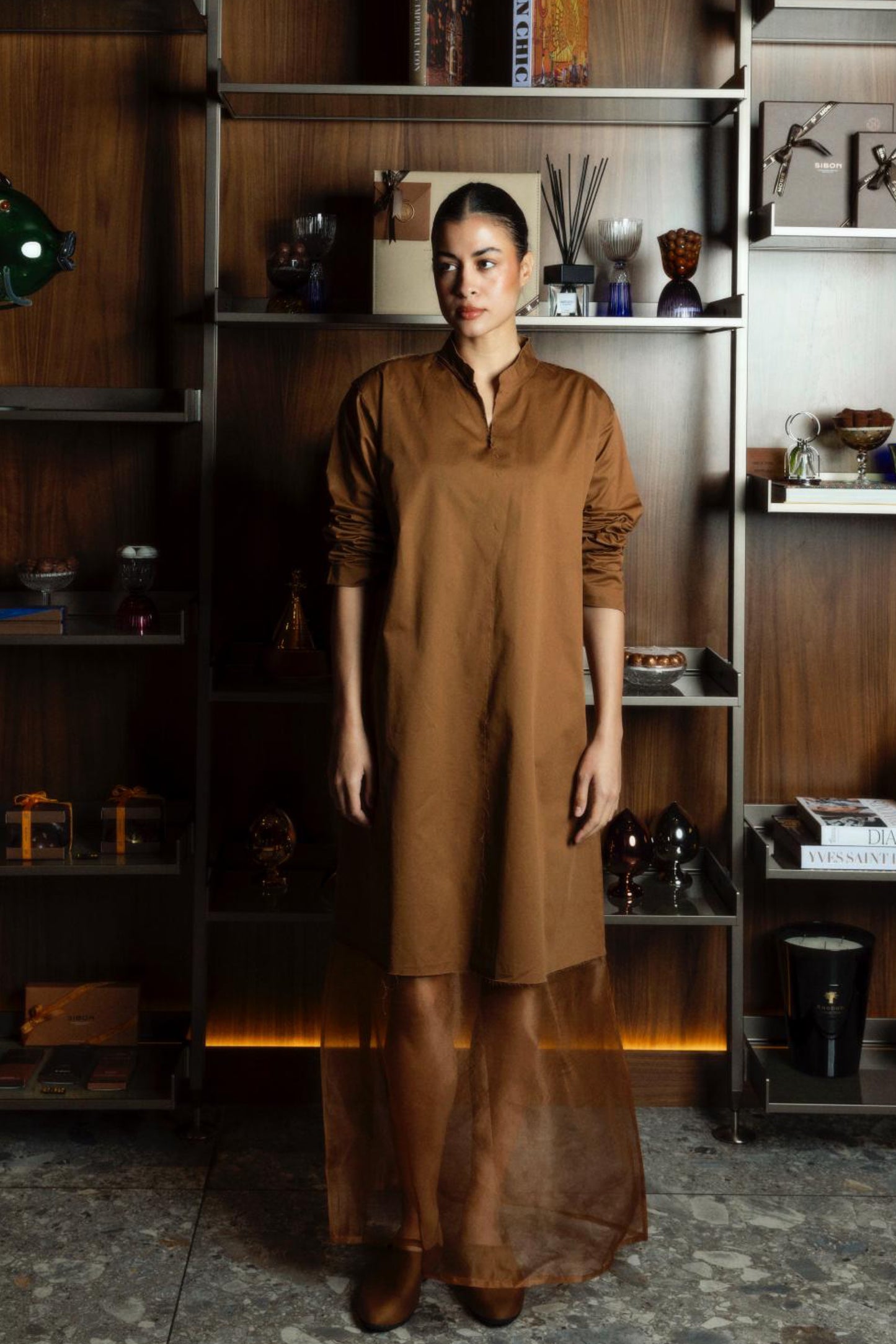 Ripped Kaftan With Organza in Camel