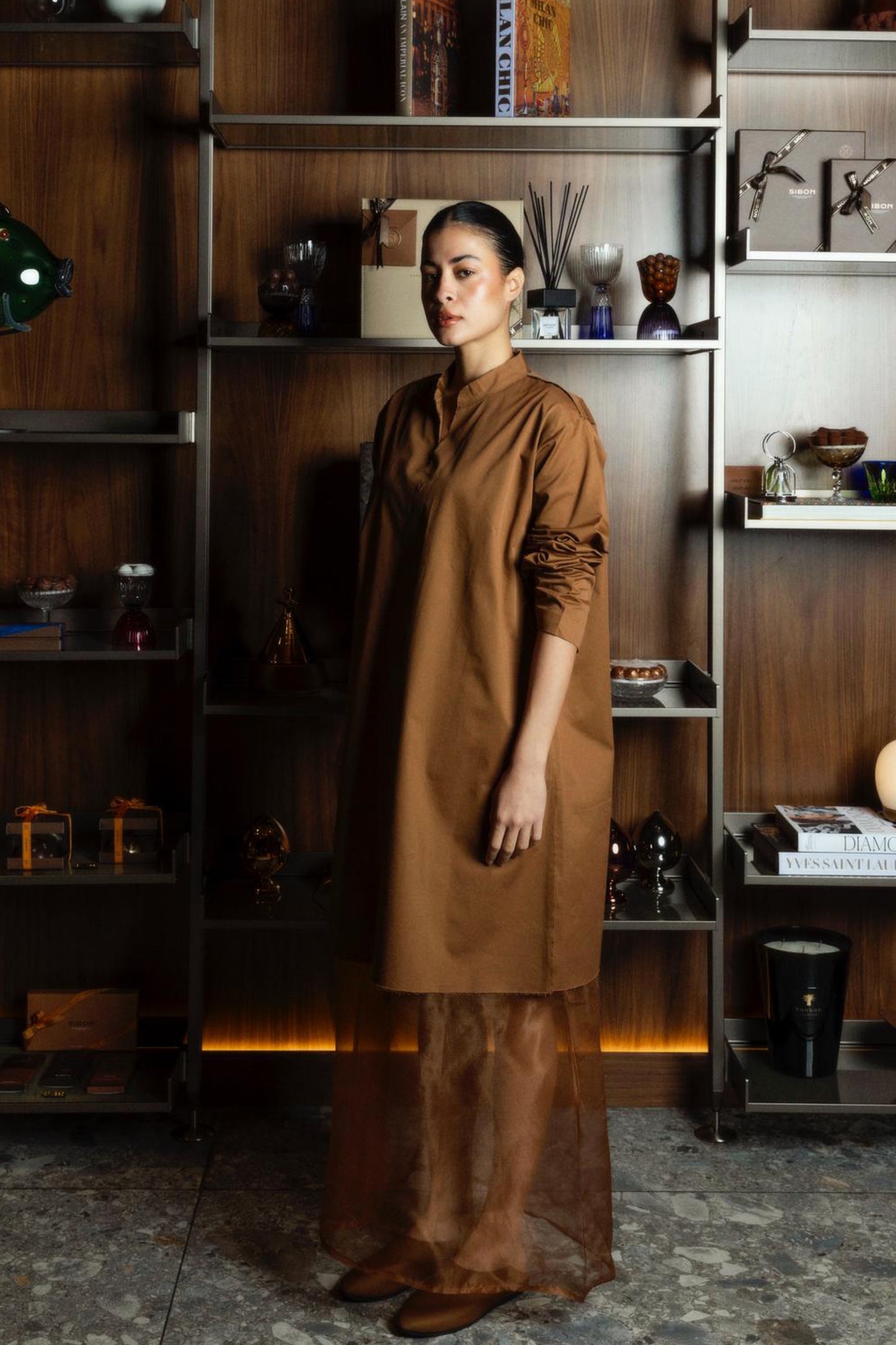 Ripped Kaftan With Organza in Camel