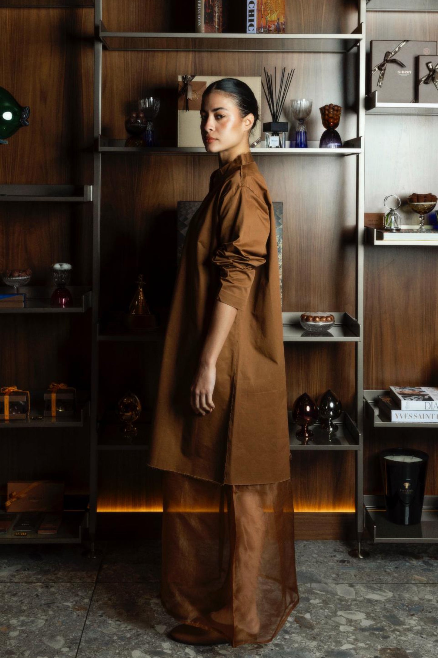 Ripped Kaftan With Organza in Camel