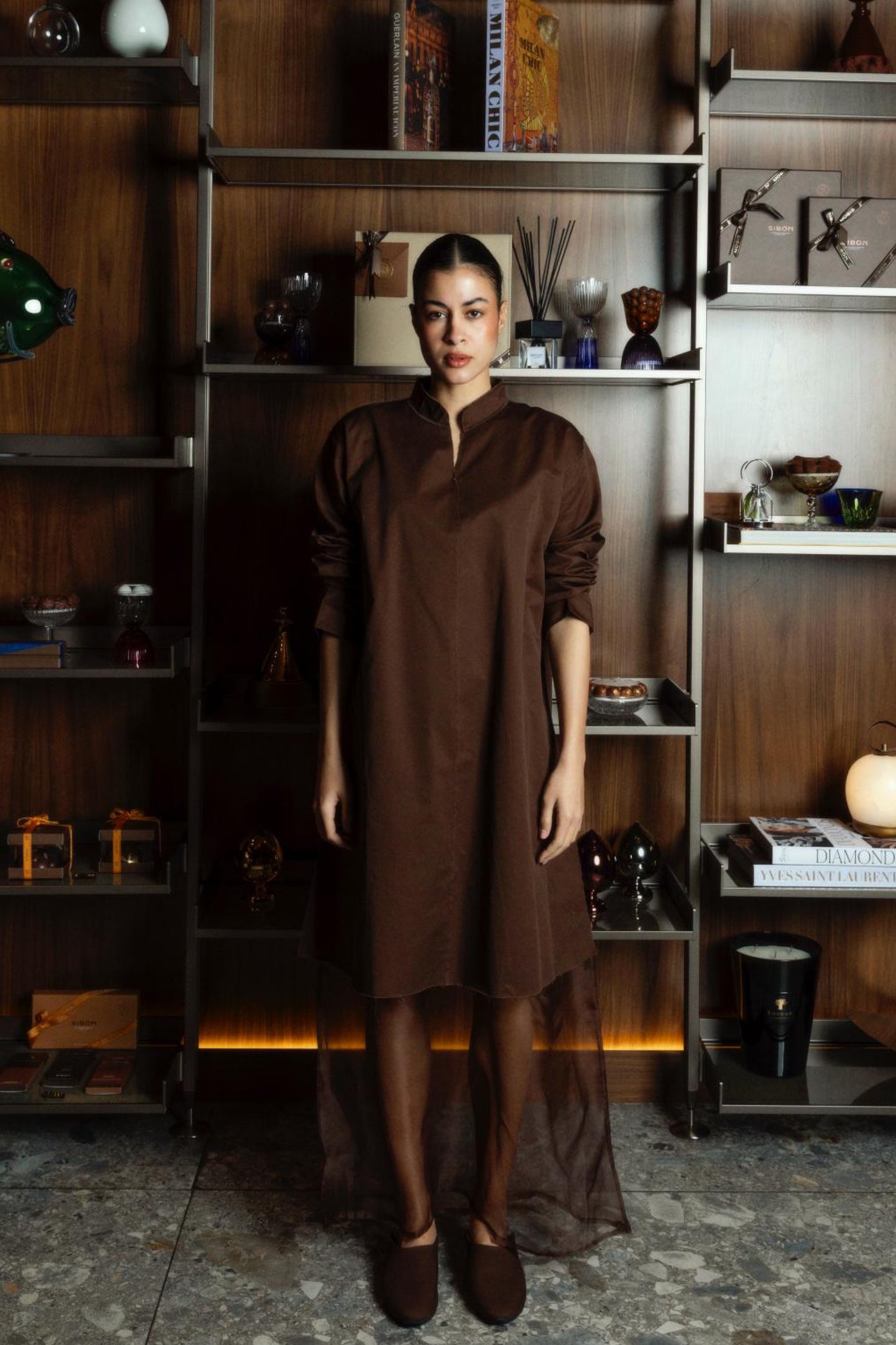 Ripped Kaftan With Organza in Brown