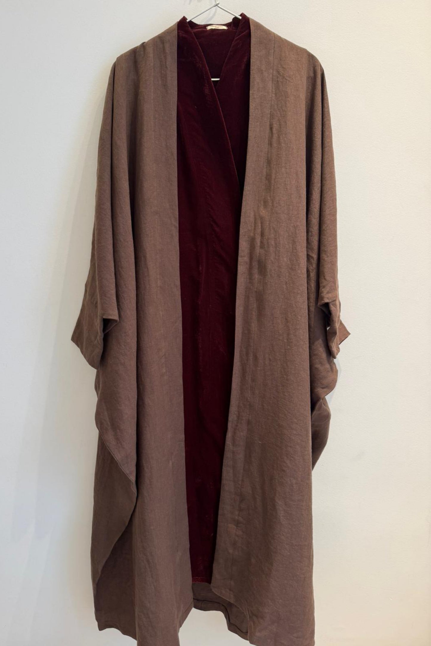 Linen Bisht With Velvet Wrap in Maroon