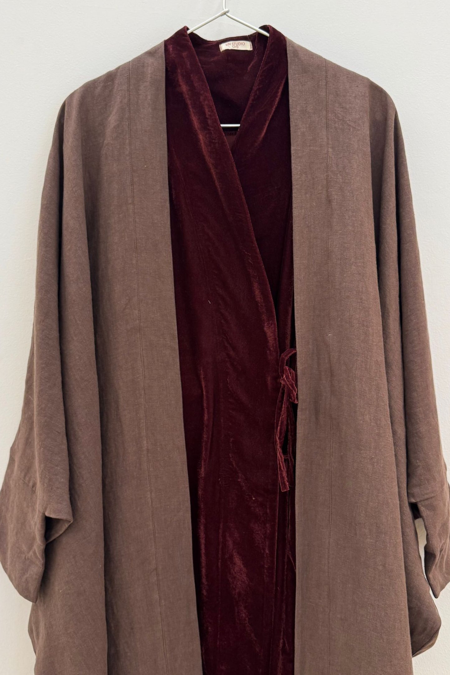 Linen Bisht With Velvet Wrap in Maroon
